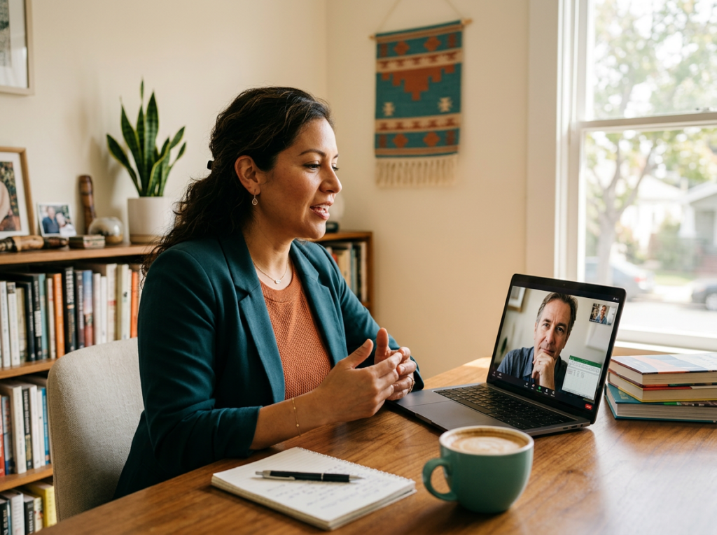 Adulto latinoamericano en sesión de coaching de inglés en línea, conversación real vía laptop en entorno cálido de trabajo.