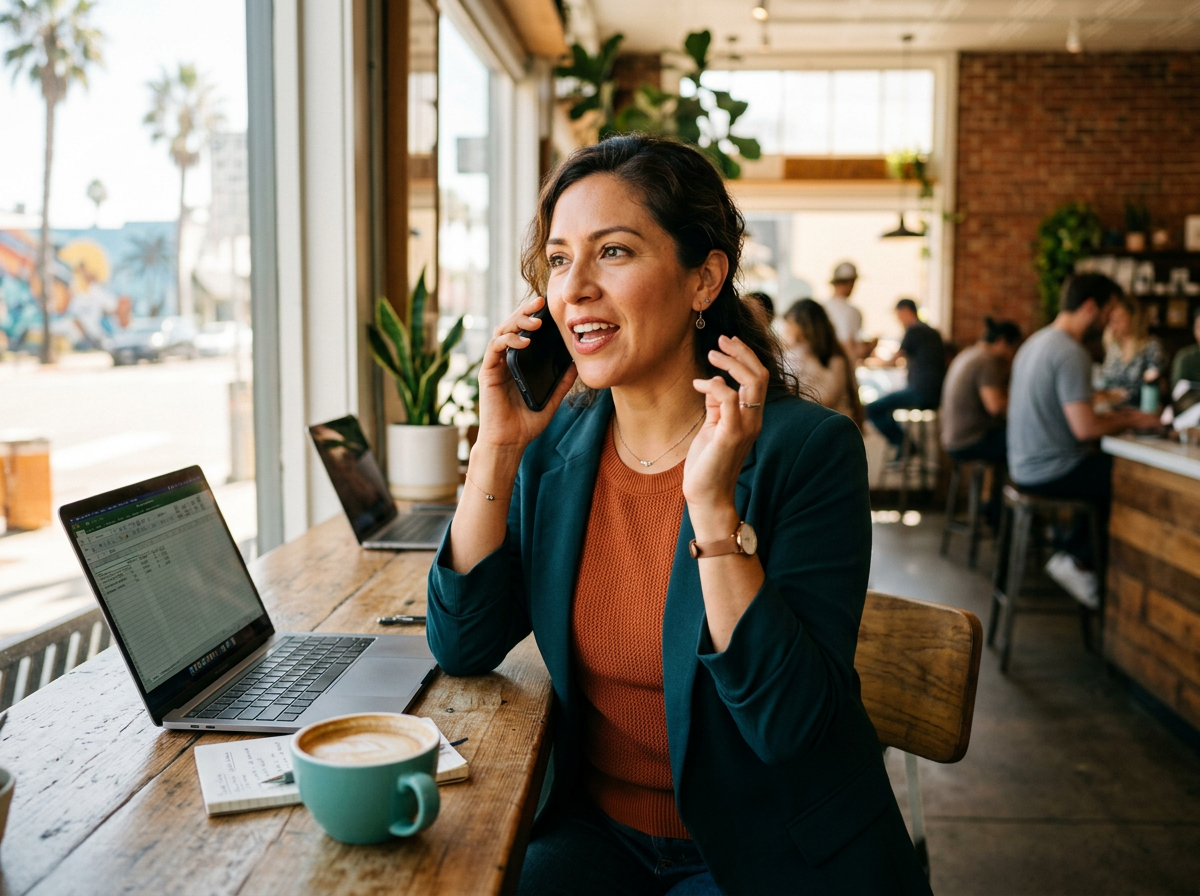 Adulto latinoamericano hablando inglés por teléfono en cafetería moderna. Aprender a hablar inglés en la vida real.